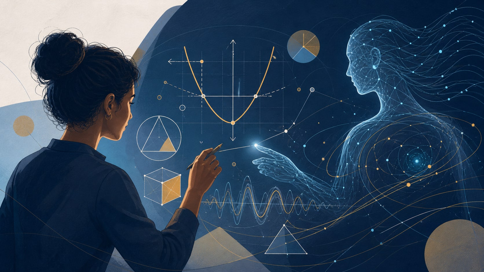 Pessoa e representação abstrata de inteligência artificial conectam gráficos, formas geométricas e ondas durante uma investigação matemática.