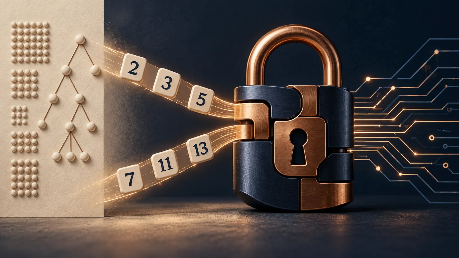 Blocos com números primos e conexões matemáticas convergem para um cadeado azul e cobre, simbolizando a proteção digital.